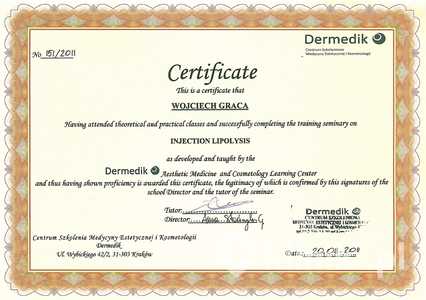 Certificate of dr W. Graca's attendance in training semianry on incjection lipolysis Certificate of dr W. Graca's attendance in training semianry on incjection lipolysis