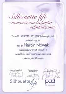Certyfikat uczestnictwa dr M.Nowaka w szkoleniu z zakresu chirurgii plastycznej z użyciem nici Silhouette „Silhouette lift – nowoczesna metoda odmładzania” Certyfikat uczestnictwa dr M.Nowaka w szkoleniu z zakresu chirurgii plastycznej z użyciem nici Silhouette „Silhouette lift – nowoczesna metoda odmładzania”