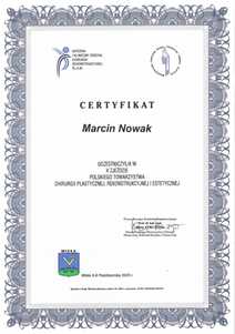 Certyfikat uczestnictwa dr M.Nowaka w X Zjeździe Polskiego Towarzystwa Chirurgii Plastycznej, Rekonstrukcyjnej i Estetycznej Certyfikat uczestnictwa dr M.Nowaka w X Zjeździe Polskiego Towarzystwa Chirurgii Plastycznej, Rekonstrukcyjnej i Estetycznej