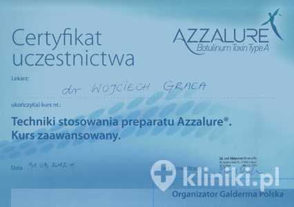 Certyfikat uczestnictwa dr W. Gracy w kursie zaawansowanym "Techniki stosowania preparatu Azzalure" Certyfikat uczestnictwa dr W. Gracy w kursie zaawansowanym "Techniki stosowania preparatu Azzalure"