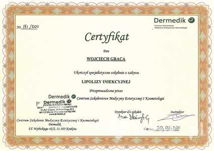 Certyfikat uczestnictwa dr W. Gracy w specjalistycznym szkoleniu z zakresu lipolizy iniekcyjnej Certyfikat uczestnictwa dr W. Gracy w specjalistycznym szkoleniu z zakresu lipolizy iniekcyjnej
