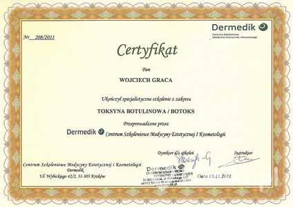 Certyfikat uczestnictwa dr W. Gracy w specjalistycznym szkoleniu z zakresu toksyny botulinowej/botoksu Certyfikat uczestnictwa dr W. Gracy w specjalistycznym szkoleniu z zakresu toksyny botulinowej/botoksu