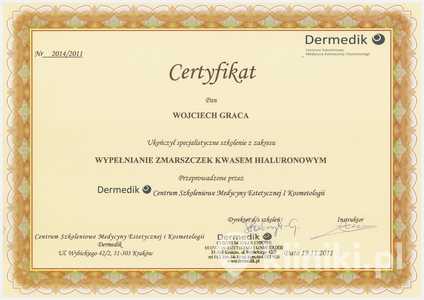 Certyfikat uczestnictwa dr W. Gracy w specjalistycznym szkoleniu z zakresu wypełniania zmarszczek kwasem hialuronowym Certyfikat uczestnictwa dr W. Gracy w specjalistycznym szkoleniu z zakresu wypełniania zmarszczek kwasem hialuronowym
