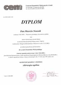 Dyplom uzyskania tytułu specjalisty w dziedzinie chirurgii ogólnej dla dr M.Nowaka Dyplom uzyskania tytułu specjalisty w dziedzinie chirurgii ogólnej dla dr M.Nowaka