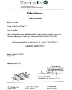 Zaświadczenie uczestnictwa dr W. Gracy w szkoleniu przygotowującym do wykonywania zabiegów lipolizy iniekcyjnej Zaświadczenie uczestnictwa dr W. Gracy w szkoleniu przygotowującym do wykonywania zabiegów lipolizy iniekcyjnej