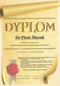 Dyplom uczestnictwa dr P.Ślęzaka w kursie "Techniki dla początkujących - zastosowanie toksyny botulinowej w korekcji zmarszczek" Dyplom uczestnictwa dr P.Ślęzaka w kursie "Techniki dla początkujących - zastosowanie toksyny botulinowej w korekcji zmarszczek"