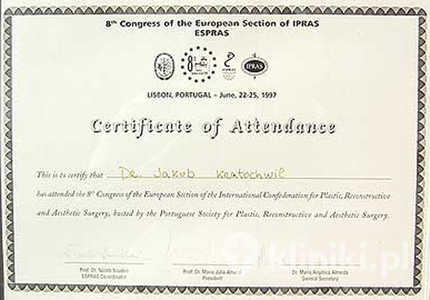 Certyfikat uczestnictwa dr J.Kratochwila w VIII Kongresie Europejskiego Towarzystwa Chirurgii Plastycznej, Rekonstrukcyjnej i Estetycznej (ESPRAS) Certyfikat uczestnictwa dr J.Kratochwila w VIII Kongresie Europejskiego Towarzystwa Chirurgii Plastycznej, Rekonstrukcyjnej i Estetycznej (ESPRAS)