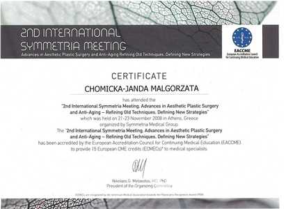 Certyfikat uczestnictwa dr M.Chomickiej-Jandy w II Międzynarodowym Spotkaniu Symmetria poświęconym chirurgii plastycznej i anti-aging Certyfikat uczestnictwa dr M.Chomickiej-Jandy w II Międzynarodowym Spotkaniu Symmetria poświęconym chirurgii plastycznej i anti-aging