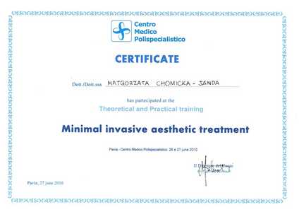 Certyfikat uczestnictwa dr M.Chomickiej-Jandy w kursie "Minimal invasive aesthetic treatment" Certyfikat uczestnictwa dr M.Chomickiej-Jandy w kursie "Minimal invasive aesthetic treatment"