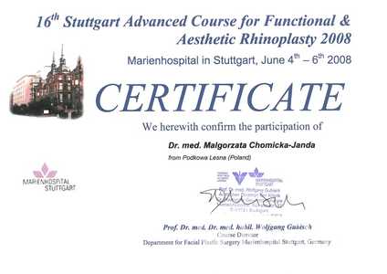 Certyfikat uczestnictwa dr M.Chomickiej-Jandy w kursie poświęconym operacjom plastycznym nosa Certyfikat uczestnictwa dr M.Chomickiej-Jandy w kursie poświęconym operacjom plastycznym nosa