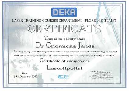 Certyfikat uczestnictwa dr M.Chomickiej-Jandy w szkoleniu Laserlipolisi Certyfikat uczestnictwa dr M.Chomickiej-Jandy w szkoleniu Laserlipolisi