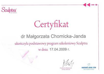 Certyfikat uczestnictwa dr M.Chomickiej-Jandy w szkoleniu Sculptra Certyfikat uczestnictwa dr M.Chomickiej-Jandy w szkoleniu Sculptra