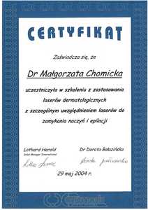 Certyfikat uczestnictwa dr M.Chomickiej-Jandy w szkoleniu z zastosowania laserów dermatologicznych z szczególnym uwzględnieniem laserów do zamykania naczyń i epilacji Certyfikat uczestnictwa dr M.Chomickiej-Jandy w szkoleniu z zastosowania laserów dermatologicznych z szczególnym uwzględnieniem laserów do zamykania naczyń i epilacji