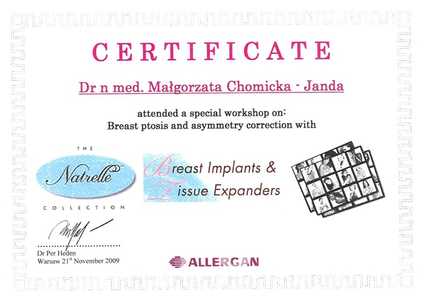 Certyfikat uczestnictwa dr M.Chomickiej-Jandy w warsztatach nt. implantów piersi Certyfikat uczestnictwa dr M.Chomickiej-Jandy w warsztatach nt. implantów piersi