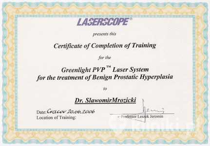 Certyfikat uczestnictwa dr S.Mrozickiego w kursie z obsługi laseru GREENLIGHT PVP Certyfikat uczestnictwa dr S.Mrozickiego w kursie z obsługi laseru GREENLIGHT PVP