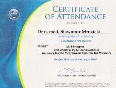Certyfikat uczestnictwa dr S.Mrozickiego w kursie z obsługi laseru GREENLIGHT XPS Certyfikat uczestnictwa dr S.Mrozickiego w kursie z obsługi laseru GREENLIGHT XPS