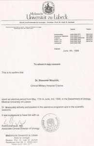 Certyfikat uczestnictwa dr S.Mrozickiego w programie szkoleniowym na Uniwersytecie Medycznym w Lubece Certyfikat uczestnictwa dr S.Mrozickiego w programie szkoleniowym na Uniwersytecie Medycznym w Lubece