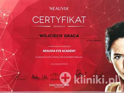 Certyfikat uczestnictwa W. Gracy w worshopie Neauvia Eye Academy, w zakresie korekcji okolicy oka produktami Neauvia Certyfikat uczestnictwa W. Gracy w worshopie Neauvia Eye Academy, w zakresie korekcji okolicy oka produktami Neauvia