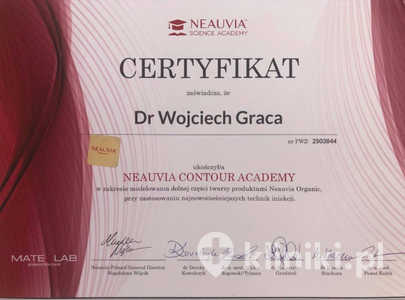 Certyfikat zaświadczający, że dr W. Graca ukończył Neauvia Contour Academy Certyfikat zaświadczający, że dr W. Graca ukończył Neauvia Contour Academy