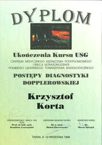 Dyplom ukończenia kursu dla dr Krzysztof Korta - Postępy diagnostyki Dopplerowskiej Dyplom ukończenia kursu dla dr Krzysztof Korta - Postępy diagnostyki Dopplerowskiej