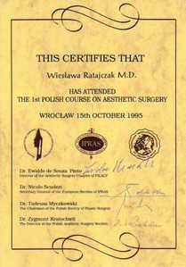 Certyfikat uczestnictwa dr W. Ratajczak w I Polskim Kursie Medycyny Estetycznej Certyfikat uczestnictwa dr W. Ratajczak w I Polskim Kursie Medycyny Estetycznej
