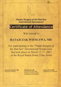 Certyfikat uczestnictwa dr W. Ratajczak w sympozjum poświęconym chirurgii plastycznej Certyfikat uczestnictwa dr W. Ratajczak w sympozjum poświęconym chirurgii plastycznej