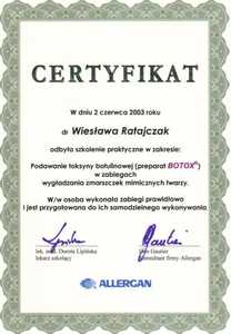 Certyfikat uczestnictwa dr W. Ratajczak w szkoleniu "Podawanie toksyny botulinowej (preparat BOTOX) w zabiegach wygładzania zmarszczek mimicznych twarzy" Certyfikat uczestnictwa dr W. Ratajczak w szkoleniu "Podawanie toksyny botulinowej (preparat BOTOX) w zabiegach wygładzania zmarszczek mimicznych twarzy"