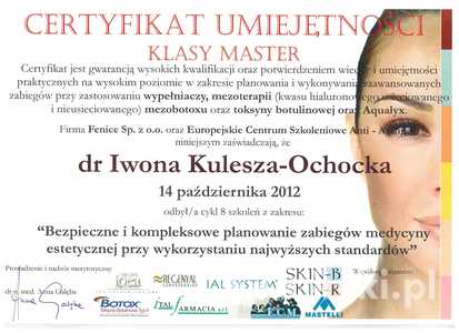 Certyfikat uczestnictwa de I. Kuleszy-Ochockiej w szkoleniu "Bezpieczne i kompleksowe planowanie zabiegów medycyny estetycznej przy wykorzystaniu najwyższych standardów" Certyfikat uczestnictwa de I. Kuleszy-Ochockiej w szkoleniu "Bezpieczne i kompleksowe planowanie zabiegów medycyny estetycznej przy wykorzystaniu najwyższych standardów"