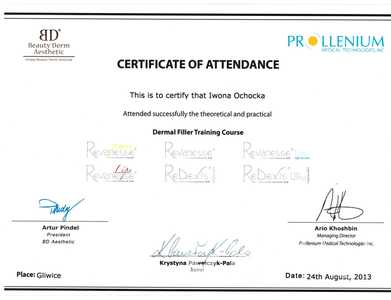 Certyfikat uczestnictwa de I. Kuleszy-Ochockiej w szkoleniu z zakresu stosowania wypełniacza Revanesse i Redexis Certyfikat uczestnictwa de I. Kuleszy-Ochockiej w szkoleniu z zakresu stosowania wypełniacza Revanesse i Redexis
