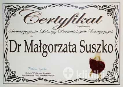 Certyfikat przynależności Stowarzyszenia Lekarzy Dermatologów Estetycznych dr M. Suszko Certyfikat przynależności Stowarzyszenia Lekarzy Dermatologów Estetycznych dr M. Suszko