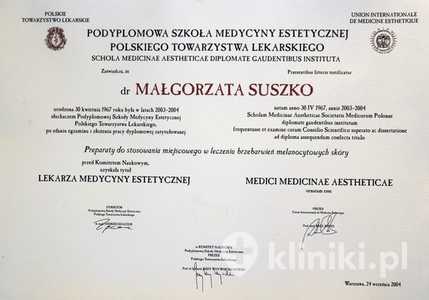 Certyfikat uzyskania tytułu lekarza medycyny estetycznej przez dr M. Suszko Certyfikat uzyskania tytułu lekarza medycyny estetycznej przez dr M. Suszko