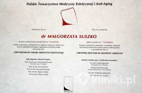 Certyfikat uzyskania tytułu lekarza medycyny estetycznej przez dr M. Suszko Certyfikat uzyskania tytułu lekarza medycyny estetycznej przez dr M. Suszko