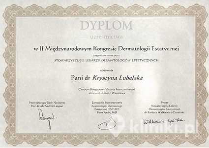 Certyfikat uczestnictwa dr K. Lubelskiej w II Międzynarodowym Kongresie Dermatologii Estetycznej Certyfikat uczestnictwa dr K. Lubelskiej w II Międzynarodowym Kongresie Dermatologii Estetycznej