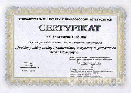 Certyfikat uczestnictwa dr K. Lubelskiej w konferencji "Problemy skóry suchej i nadwrażliwej w wybranych jednostkach dermatologicznych" Certyfikat uczestnictwa dr K. Lubelskiej w konferencji "Problemy skóry suchej i nadwrażliwej w wybranych jednostkach dermatologicznych"