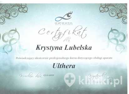 Certyfikat uczestnictwa dr K. Lubelskiej w kursie z zakresu obsługi aparatu Ulthera Certyfikat uczestnictwa dr K. Lubelskiej w kursie z zakresu obsługi aparatu Ulthera