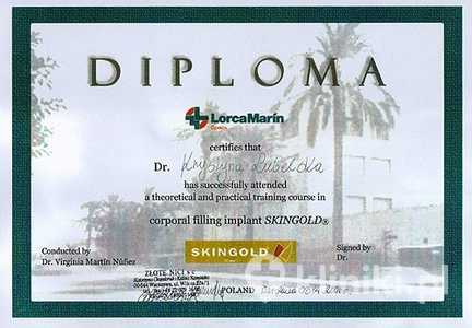 Certyfikat uczestnictwa dr K. Lubelskiej w kursie z zastosowania implantu SKINGOLD Certyfikat uczestnictwa dr K. Lubelskiej w kursie z zastosowania implantu SKINGOLD