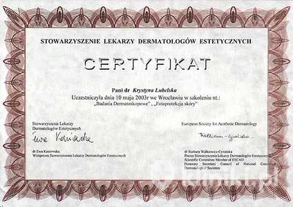 Certyfikat uczestnictwa dr K. Lubelskiej w szkoleniach "Badania dermatoskopowe" oraz "Fotoprotekcja skóry" Certyfikat uczestnictwa dr K. Lubelskiej w szkoleniach "Badania dermatoskopowe" oraz "Fotoprotekcja skóry"
