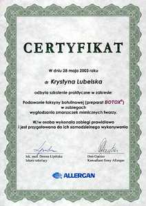 Certyfikat uczestnictwa dr K. Lubelskiej w szkoleniu w zakresie podawania toksyny botulinowej BOTOX Certyfikat uczestnictwa dr K. Lubelskiej w szkoleniu w zakresie podawania toksyny botulinowej BOTOX