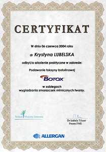 Certyfikat uczestnictwa dr K. Lubelskiej w szkoleniu w zakresie podawania toksyny botulinowej BOTOX Certyfikat uczestnictwa dr K. Lubelskiej w szkoleniu w zakresie podawania toksyny botulinowej BOTOX