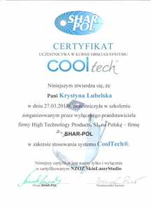 Certyfikat uczestnictwa dr K. Lubelskiej w szkoleniu w zakresie stosowania systemu CoolTech Certyfikat uczestnictwa dr K. Lubelskiej w szkoleniu w zakresie stosowania systemu CoolTech