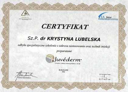 Certyfikat uczestnictwa dr K. Lubelskiej w szkoleniu z zakresu zastosowania oraz technik iniekcji preparatami Juvederm Certyfikat uczestnictwa dr K. Lubelskiej w szkoleniu z zakresu zastosowania oraz technik iniekcji preparatami Juvederm