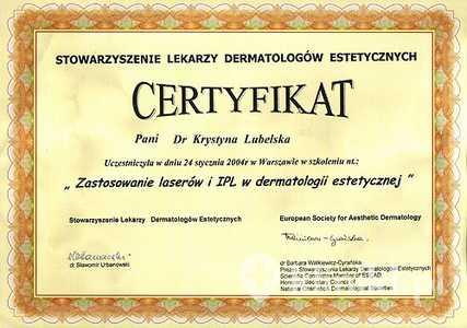 Certyfikat uczestnictwa dr K. Lubelskiej w szkoleniu "Zastosowania laserów i IPL w dermatologii estetycznej" Certyfikat uczestnictwa dr K. Lubelskiej w szkoleniu "Zastosowania laserów i IPL w dermatologii estetycznej"