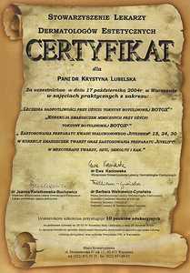 Certyfikat uczestnictwa dr K. Lubelskiej w zajęciach z zakresu leczenia nadpotliwości przy użyciu toksyny botulinowej BOTOX Certyfikat uczestnictwa dr K. Lubelskiej w zajęciach z zakresu leczenia nadpotliwości przy użyciu toksyny botulinowej BOTOX