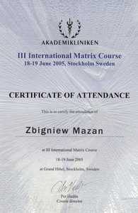 Certificate of III Internationa Matrix Course, Sweden - dr. Mazan Certificate of III Internationa Matrix Course, Sweden - dr. Mazan
