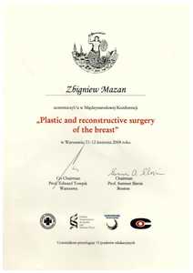 Certyfikat dr. Mazana uczestnictwa w konferencji międzynarodowej Plastyka i chirurgia rekonstrukcyjna piersi Certyfikat dr. Mazana uczestnictwa w konferencji międzynarodowej Plastyka i chirurgia rekonstrukcyjna piersi