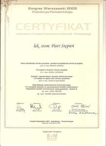Certyfikat uczestnictwa dr P. Stępnia w kongresie warszawskich "Endodoncja - periodontologia" Certyfikat uczestnictwa dr P. Stępnia w kongresie warszawskich "Endodoncja - periodontologia"