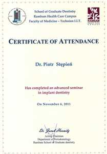 Certyfikat uczestnictwa dr P. Stępnia w kursie implantologii stomatologicznej Certyfikat uczestnictwa dr P. Stępnia w kursie implantologii stomatologicznej