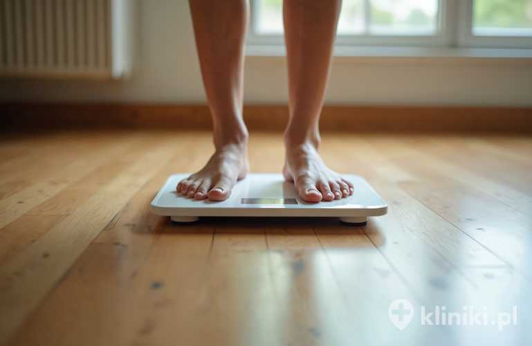 kobieta waży się i sprawdza ile schudła w miesiąc po implantacji balona żołądkowego
