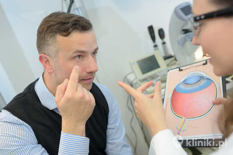 Okulista omawiający budowę oka z pacjentem