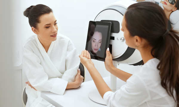 Kosmetolog analizujący skórę twarzy kobiety w klinice kosmetologii